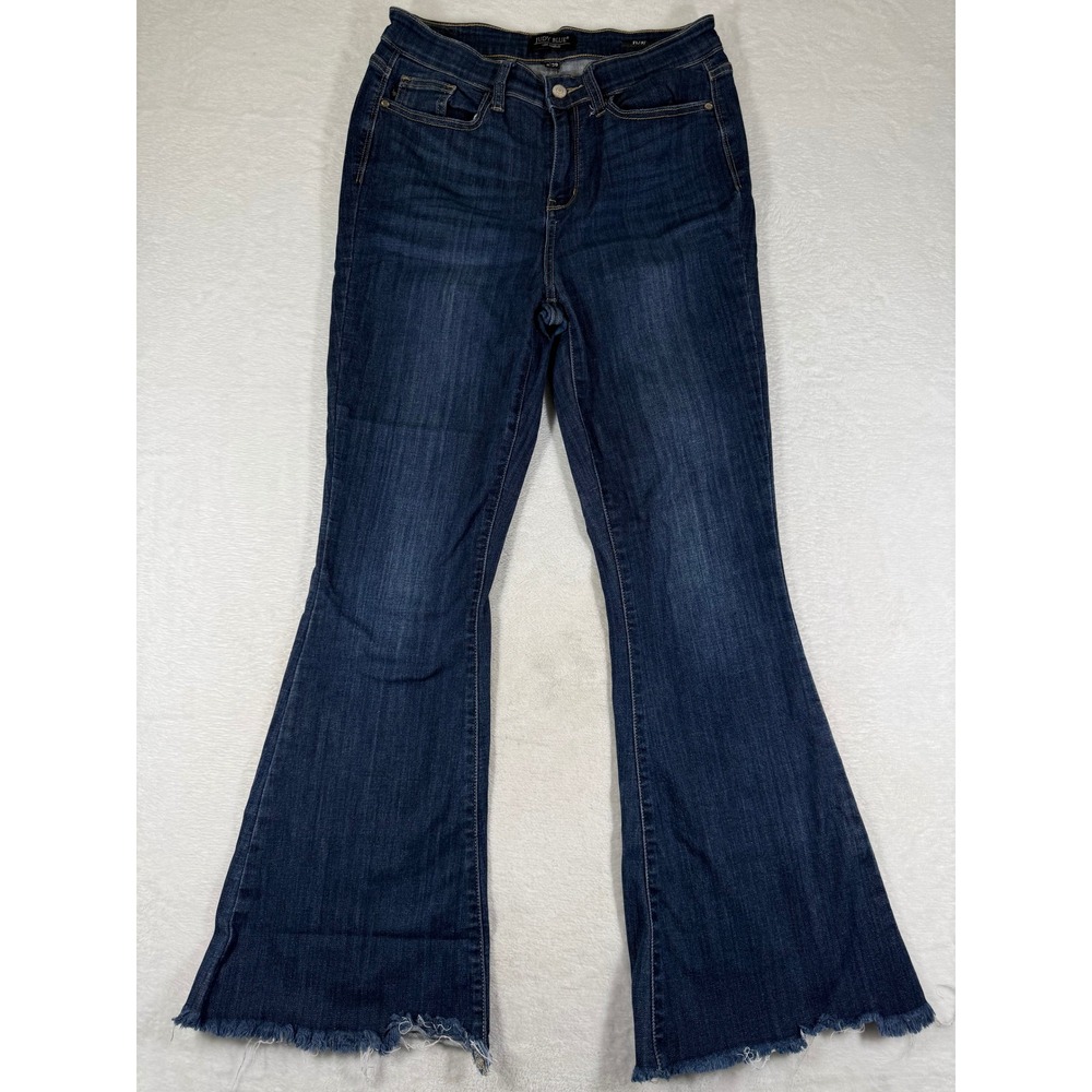 Judy Blue High Rise Flare Jeans Dark Wash Raw Hem Size 9 29 JB82343DK